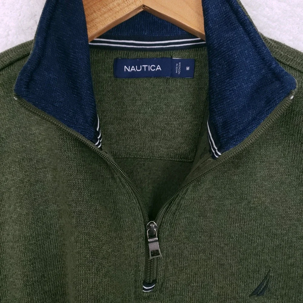 Nautica Mens Quarter Zip Pullover Sweater Olive Green Heathered Knit M Fisherman